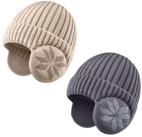 ZEXIAN 2 Pack Kids Beanie Winter Hat for 3-10 Years Cute Warm Fleece Lined with Ear Flaps for Boys and Girls (Dark Grey+Beige)