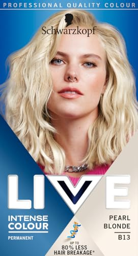 Schwarzkopf LIVE Intense Colour Pearl Blonde Permanent Hair Dye B13, Light Blonde Hair Dye, Long Lasting Blonde Hair Colour for Up to 80% Less Hair Breakage,Hair Lightener Lightens hair up to 3 levels