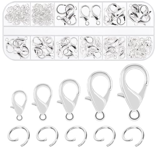 Swpeet Kit di 170 anelli aperti in argento da 10 mm, 12 mm, 14 mm, 16 mm, 18 mm e chiusure a moschettone da 6 mm, kit perfetto per gioielli fai da te, segnalibri, bracciali, collane girocollo