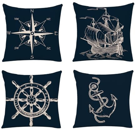 Spldsun 4 stycken nautiska kuddfodral, örngott med nautiskt ankare, soffkudde dekorativa kuddfodral, dekorativa örngott med havsmotiv för säng, soffa, trädgård, bil (45 x 45, 4 stilar)