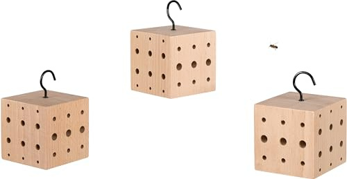 WONDERMAKE® Set med 3: Design insektshotell litet, kub av bokträ med 3x42 boplatser, hängande bihotell bohjälpmedel för vilda bin, brun svart
