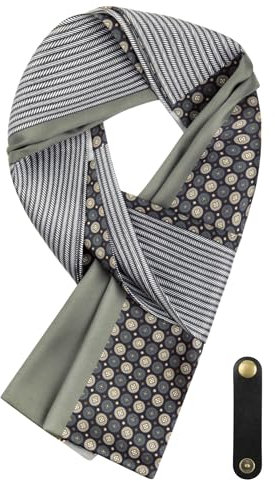 WANYING Herren Schal aus Kunstseiden Krawattenschal Ascot Multifunktion Halstuch Langer Schal mit Leder Loop Casual Business Gentleman 16 * 149 cm - Druckmuster Schwarz Geometrisches Pattern