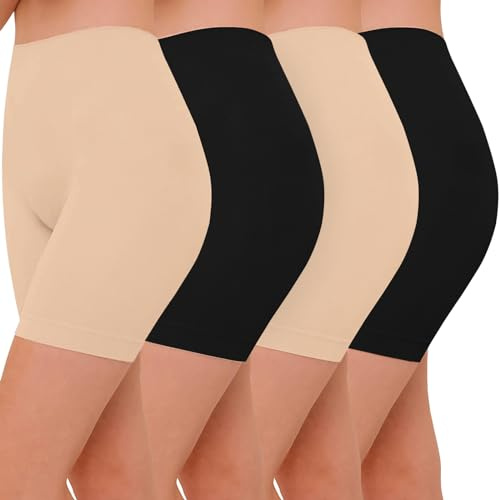 Lot de 4 Short Leggings Sport Femme sous Jupe ou Robe Anti-frottement Pantalons de Cyclisme pour Femme Legging Court sans Couture Boxer Short Sécurité (2 Noir 2 Nude, M)
