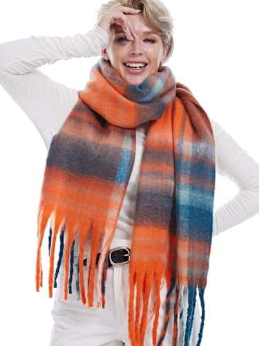 Style Slice Oversized Tartan Blanket Scarf for Women, Orange