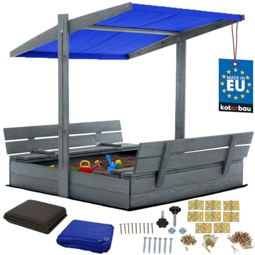 KOTARBAU® Sandlåda i Trä 120 x 120 cm, Sandlåda med Lock | Brun, Bänkar, för Barn Utomhus, med Blått Tak, med Solskydd och Markduk
