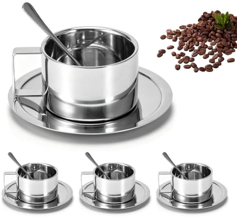 Tomedny Tazza di caffè da 4 pacchi in acciaio inossidabile, tazze da caffè a doppia parete da tè tazze espresso con cucchiaio e piattino per forniture da cucina da tè al latte di