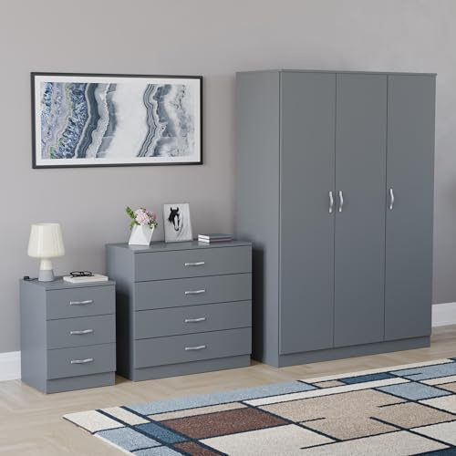 Vida Designs Riano 3 Piece Bedroom Furniture Set - 3 Drawer Bedside Chest, 4 Drawer Chest, 3 Door Wardrobe - Grey