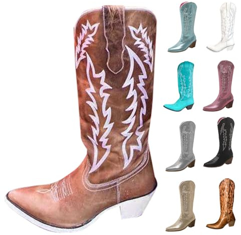 MJGkhiy Stivali Donna Texani Alti Western Stivaletti Con Tacco a Blocco Camoscio Stivale A Punta Invernali Pelle Boots Marroni Cowboy Stivali Camperos Stivaletto Comodi