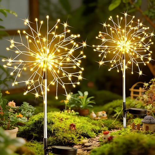 2 Pezzi Luci Solari da Giardino Decorative, Luci Fuochi D'artificio da Esterno con 150 LED, 8 Modalità, Bianco Caldo, Impermeabili Filo di Rame Lucine, Illuminazione Giardino Energia,Sentiero,Patio