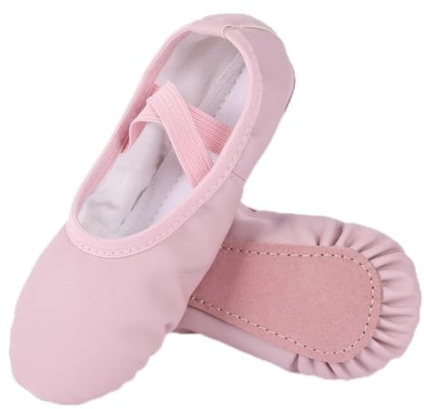 BSBUY Zapatillas Ballet Niña, Zapatillas de Danza Cuero Rosa, Suela de Cuero de Una Sola Pieza, Zapatos de Danza y Gimnasia Baile para Niña, EU 29