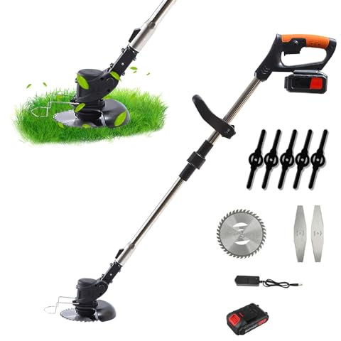 Desbrozadora eléctrica con batería de 1300 mAh, 21 V, corte con borde inalámbrico, 2 cuchillas de metal y 5 cuchillas de plástico, desbrozadora eléctrica para jardín, césped y deshierbe (1 batería)