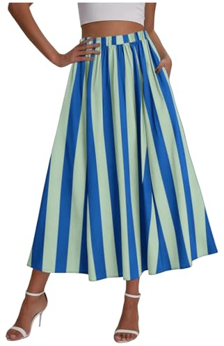 ABLYTMIAQ Boho A-linje långa kjolar för kvinnor UK elastisk hög midja maxi kjol med fickor ledig sommarkjol randiga kjolar, Marinblått Xsp, XL