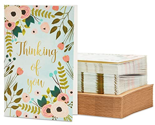 BEST PAPER GREETINGS 48 Pack Thinking of You Cards Bulk with Brown Envelopes, Gold Foil and Floral Design (4x6 In) - Thinking of You Cards with Envelopes