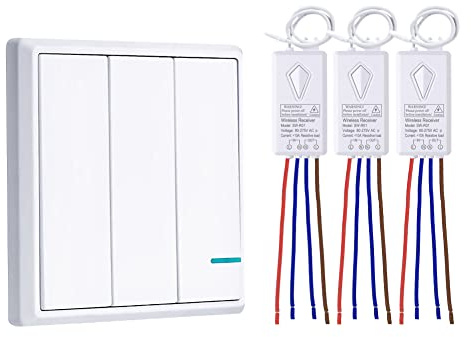 Wireless Light Switch, Thinkbee 3 Gang Wall Switch with Mini Receiver, Outdoor 1900ft Indoor 160ft Remote Control House Office Hotel Factory Ceiling Lamp LED, No Wiring, IP66 Waterproof