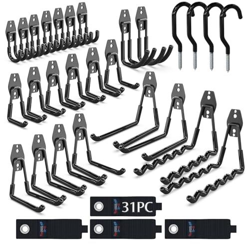 3-H Garage Wall Hooks 31 Pack, Garage Hooks Heavy Duty with Extra Welding Spots, Garage Organizer for Garden, Lawn, Yard Tools, Chairs, Ladders, Weed Eater, Shovel, Blower(Black)