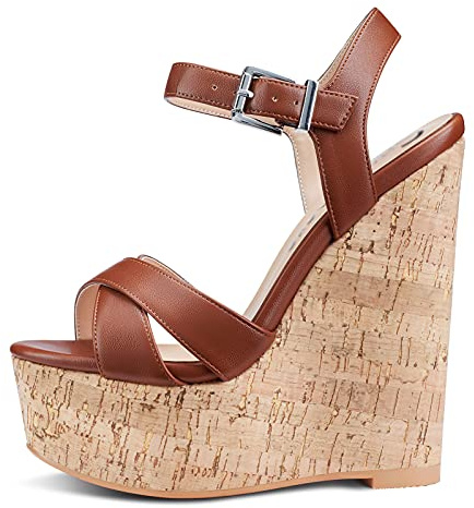 NobleOnly Zapatos de Tacón Mujer Cuña Sandalias Moda Slingback Plataforma 16CM Wedge High Heels Marrón Mate Zapatos EU 42