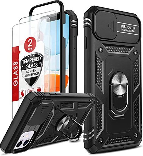 LeYi for iPhone 11 Case and 2 Tempered Glass Screen Protector with Slide Camera Cover,Ring Holder Stand Full Body Protective Heavy Duty Shockproof Silicone Bumper Tough Hard Armour Phone Cover, Black