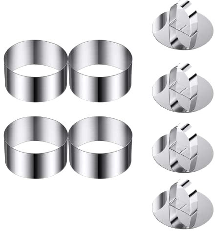 Cooking Ring Set, Baking Ring Mold with Pusher Food Presentation Rings Non-Stick Round Food Rings Mini Baking Ring for Cooking Crumpets Eggs Pastry Mousse Desserts 4PCS Silver