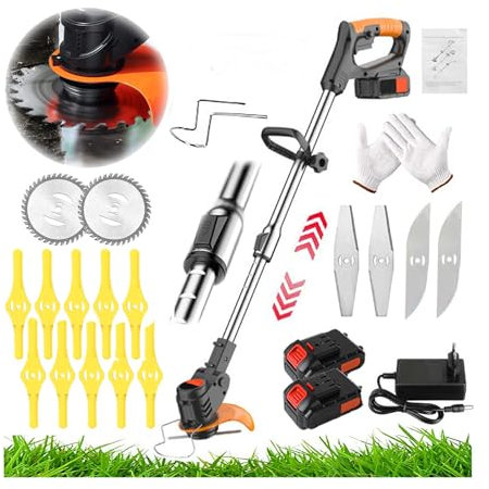 Wrneaoch Desbrozadora Bateria Electrica CortacéSped Gasolina con Cuchillas Metal y 21V 2.0 A Potente cortacesped para Recortar césped arbustos y Ramas