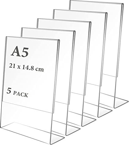 CYH A5 Acrylic Sign Display, 5 Pcs Perspex Poster Menu Stands, Clear Plastic Display Holders for Restaurant Store Hotel Office Stall Exhibition