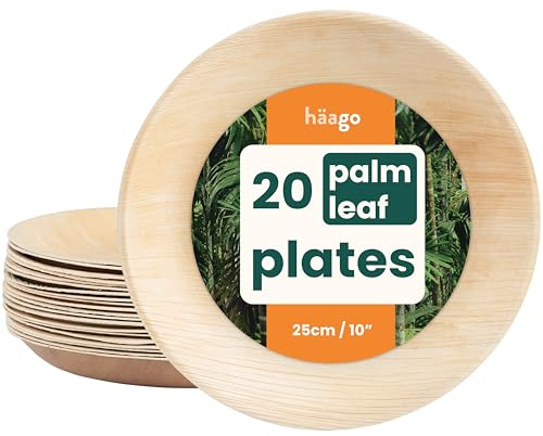 HAAGO 20 Disposable Palm Leaf Plates 25cm (10) Round – Sturdy Wooden Plates for Hot & Cold Food - Microwave Safe Biodegradable Compostable - Rustic Bamboo-Look for Party, Picnic, BBQ & Wedding