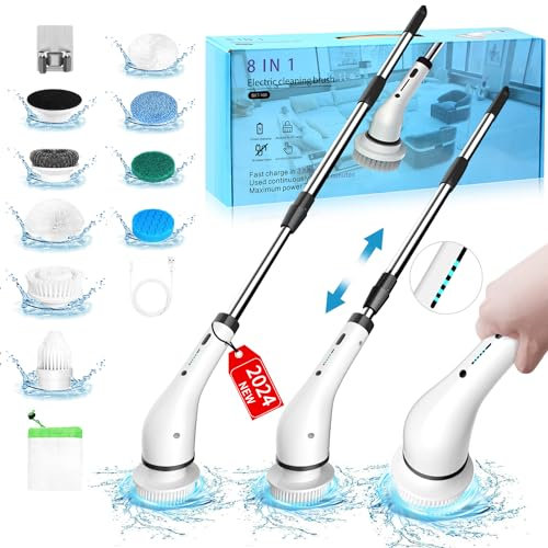 Elektrische Reinigungsbürste, ERAVOR 2024 Neues 12-in-1 Power Spin Scrubber mit 8 Bürstenköpfen, Fugenreiniger Haushalt mit 132cm Abnehmbar Griff für Bad/Küchen/Toilette, 2 Verbesserte Schrubbmodi