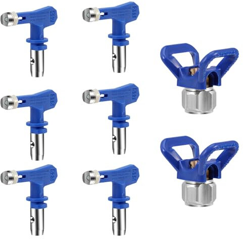 6Pcs Airless Paint Sprayers Nozzle Tips, Reversible Spray Tips Airless Paint Spray Gun Nozzle (211 315 417 515 517 523) with 2Pcs Airless Tips Guard Base Sprayer for Home Roof Fence Deck