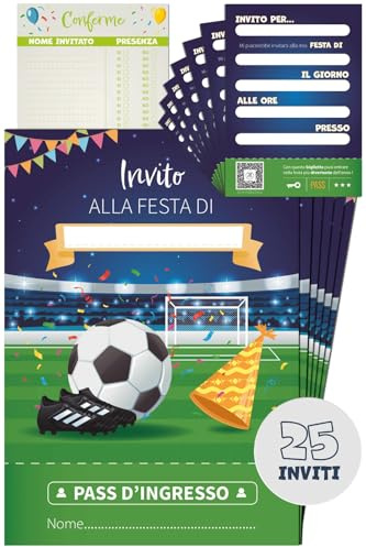 RAFTOM 25 Inviti Compleanno Bambino a Tema Calcio Made in Italy - Biglietti Invito Feste Compleanno Bambini in Cartoncino Resistente