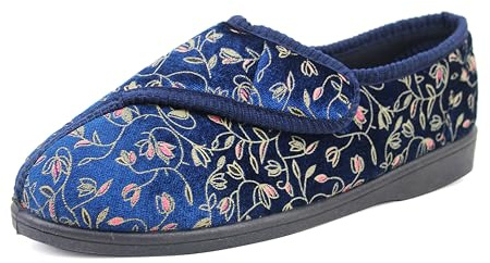 IMTY Womens Wide Opening Diabetic Orthopaedic Machine Washable Touch Fasten Slippers Ladies Floral Velour House Shoes (Navy, UK Footwear Size System, Adult, Women, Numeric, Medium, 6)