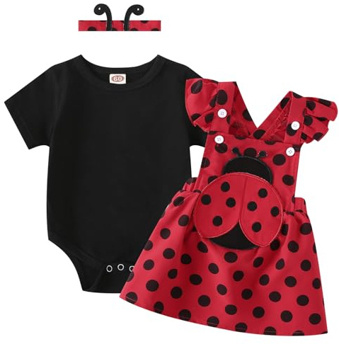 Asmea Vestiti Neonato Femmina,Body Neonata Maniche Corte a Volant + Stampa di Coccinelle Bretella Gonna,Regalo Neonata Femmina Abbigliamento Bimba Completo Bambina Tutina Neonato 6-9 Mesi