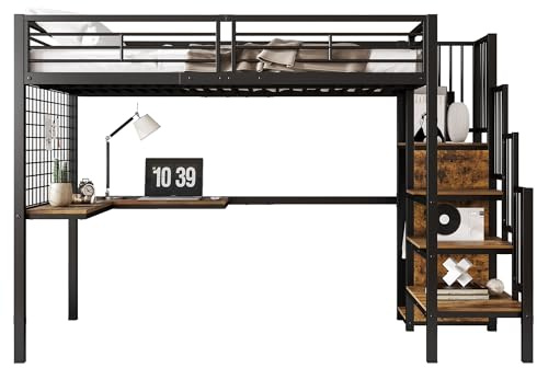 Goldicoo Loftsäng, 90 x 200 cm, i metall, med skrivbord och trappa, för barn, tonåringar, vuxna, säkerhetsstege och öppen garderob