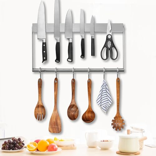 JNUYISW Barra Magnetica per Coltelli, 40cm Portacoltelli Magnetico in Acciaio Inox con 6 Ganci Ceppo Coltelli con Magnete Extra Forte per Coltelli, Utensili da Cucina e Attrezzi in Metallo