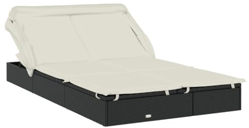 Tomostar Bain de Soleil, Chaise Longue Double Jardin Extérieur Transat pour Piscine 2 Places avec Toit Pliable Noir 213x118x97 cm