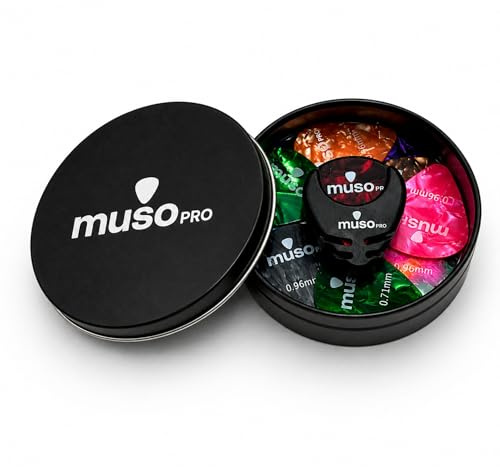 MUSO PRO Guitar Picks Tin with Pick Holder – 24 Guitar Plectrums Mixed Gauge Set for Acoustic & Electric Guitar – Metal Pick Storage Tin – Guitar Accessories Gift for Guitar Players