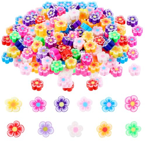 Lot de 200 perles en argile polymère à enfiler - Perles créatives en argile - Fleurs colorées - Perles de bricolage - Perles de bijoux - Kit de fabrication de perles de fleurs - Pour colliers