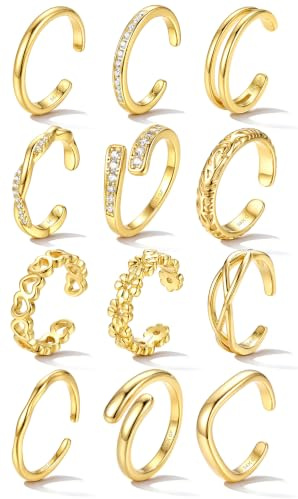 JeweBella 12 PCS Adjustable Silver Gold Toe Rings for Women Non Tarnish | Waterproof open toe ring set, 14k gold plated, cubic zirconia daisy twisted heart stacking rings, summer beach foot jewellery