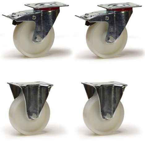 Lot de 4 roulettes pivotantes à frein et fixes polyamide blanc 150 mm - 1050 Kg