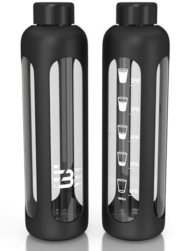 Be-Active 1L Glass Water Bottle – Time Markers, Leakproof Screw Lid, BPA-Free, Silicone Sleeve, Reusable Hydration Bottle for Gym, Office, Travel