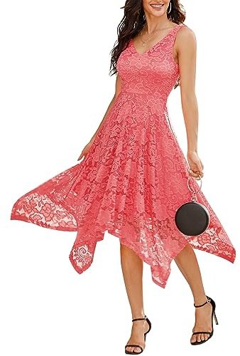Meetjen Vestido de fiesta de cóctel de encaje para mujer 2025, dobladillo con pañuelo, vestidos formales para dama de honor, graduación, para invitada de boda, Coral, M