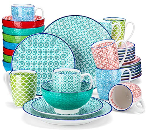 vancasso Macaron Dinnerware Set 32 Pieces Porcelain Dinner Set - Multicolour Japanese Dinner Service Mediterranean Crockery with Dinner Plate, Dessert Plate, Cereal Bowl and Mug, Service for 8