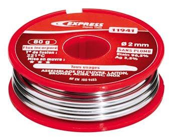 Express, 11941, Soudure Étain Tout Usage, Assemblage Cuivre, Laiton, Bronze, Acier, Zinc, Inox, 96,5% Étain et 3,5% Ag (Sans Plomb), 80 g, diamètre 2 mm, Flux incorporé, Accessoire pour Fer à Souder