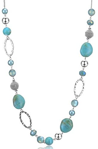 BULINLIN Beaded Long Silver Necklaces for Women, Handmade Statement Sweater Chain Necklace with Crystal Beads for Fashion Jewelry gifts(Turquoise)