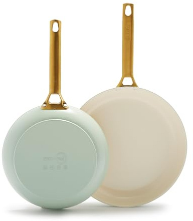 GreenPan Hard Anodized Healthy Ceramic Nonstick 10 and 12 Frying Pan Skillet Set, Gold Handle, PFAS-Free, Dishwasher Safe, Oven Safe, Julep Green