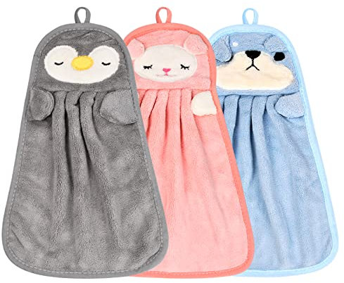 Pinsheng 3 Stück Kinder Handtuch,Mikrofaser Schnelltrocknende Gesichtstücher mit Aufhängerschlaufe, Saugfähig Tier Handtücher, Waschlappen für Kinder Küchen Badezimmer