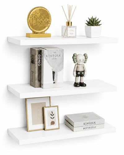 VOGGV Floating Shelves for Wall, Wall Shelves with Invisible Brackets, 3 White Shelves for Bathroom, Bedroom, Office, Living Room, Kitchen, etc