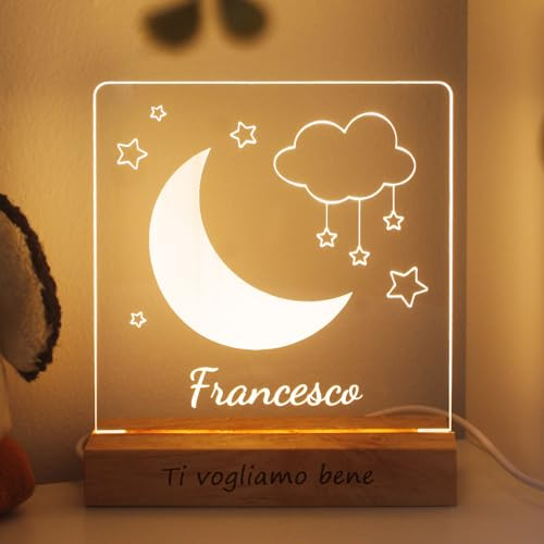 LASERO' Lampada Personalizzata con Nome - Plexiglass Inciso Effetto 3D – Luce Notturna Bambini Personalizzata con Base in Legno – Idee Regalo Nascita Bambino o Battesimo