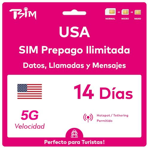 Tarjeta SIM de EE. UU. 14 días. Red T-Mobile con Datos ilimitados de Alta Velocidad en 5G/4G/LTE | Llamadas Locales y Mensajes ilimitados en EE. UU. (Incluido Hawái). ¡Tarjeta SIM 5G!