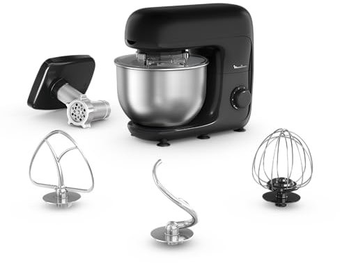 Moulinex Bake Essential, Robot pâtissier, Bol inox 4.8 L, 800 W, Kit accessoires, Batteur, Fouet, Pétrin, Hachoir à viande, Résultat homogène, Noir, QA161810