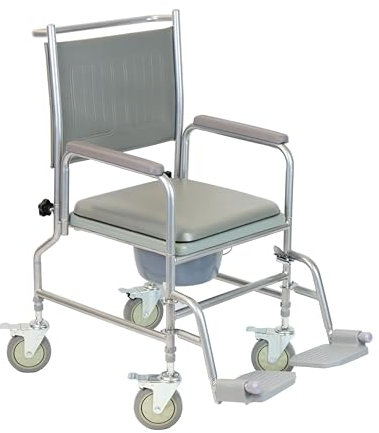 NRS Healthcare Wheeled Commode/Over Toilet Chair with Padded Seat and Back S30063 - Height Adjustable