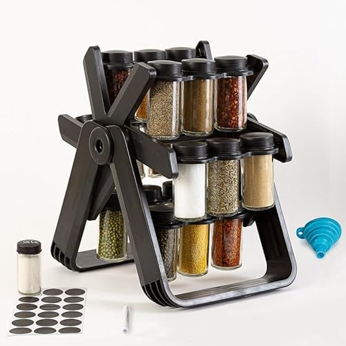KARBU Gewürzregal Drehbar 360° mit 18 Gewürzgläsern, Gewürz Organizer Regal inkl. 18 Etiketten & Stift, Faltbarer Trichter – Gewürzregal mit Gläsern